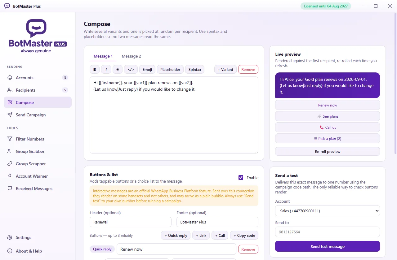 BotMaster Plus screen demo — the compose screen